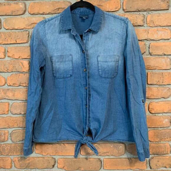 J.Jill Denim Womens XS Top Blue Chambray Tie Front Button Down Long Sleeve Shirt - Picture 1 of 6